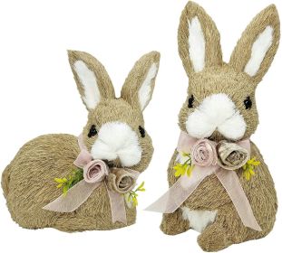 10 Inches Sisal Bunny Easter Decor,Set of 2 Easter Bunny w Floral Bow as Spring Decor,Decorative Farm Animals as Home Decorations
